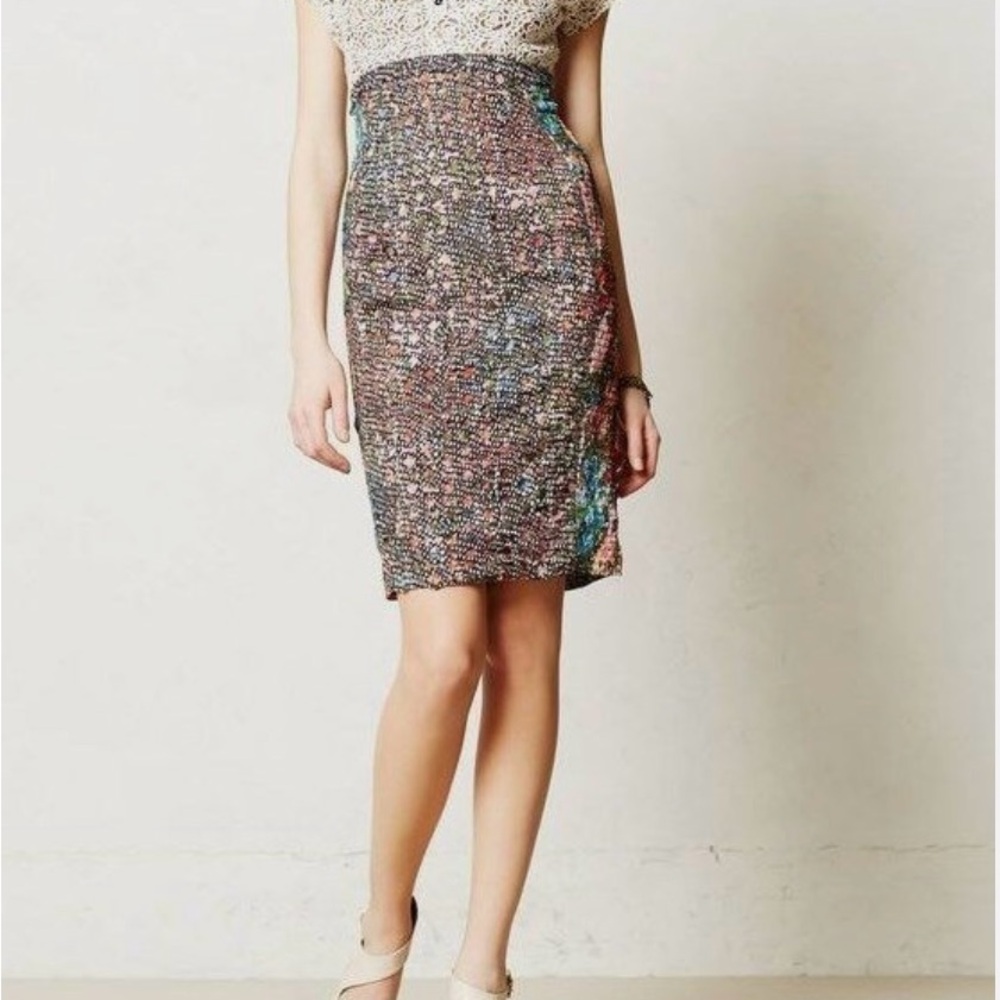 Anthropologie Byron Lars Cream Multi ColorBrown Pencil Dress Size 6 pre-owned.